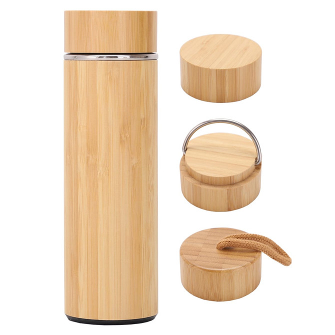A drink bottle in a bamboo design with a wooden cap and a removable handle. Features a sleek, cylindrical shape.