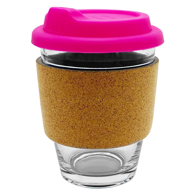 A reusable glass coffee cup featuring a cork sleeve and a bright pink lid. It has a clear glass body.