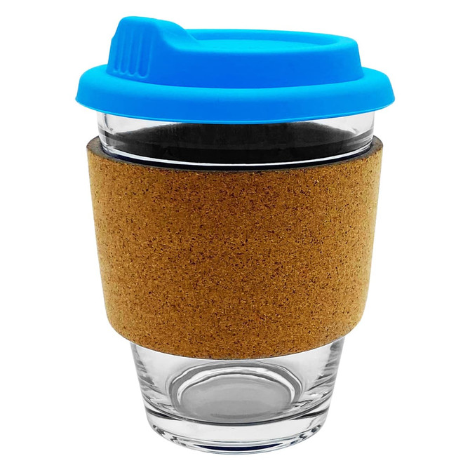 A glass coffee cup with a cork sleeve and a blue lid, designed for reusable drinkware.
