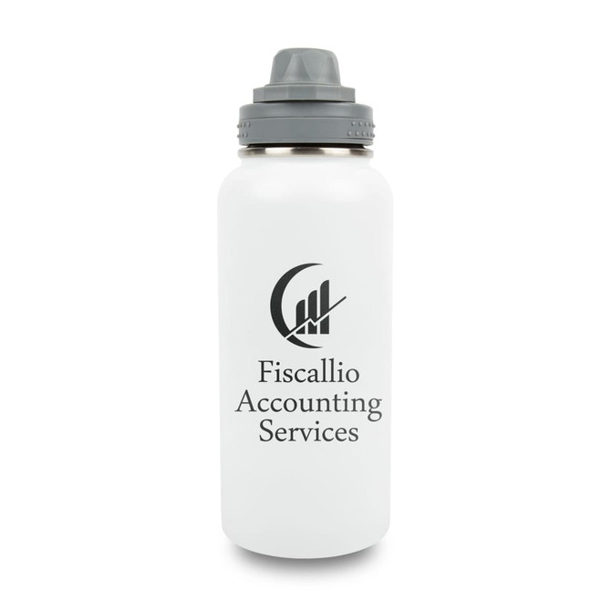 A drink bottle in white stainless steel with a grey lid, featuring a logo on the front.