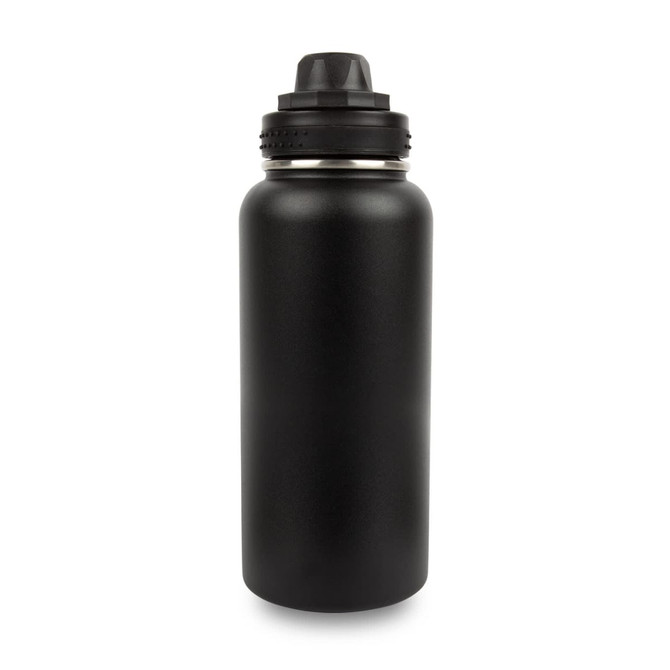 A drink bottle made of stainless steel with a vacuum design, featuring a black matte finish and a screw-top lid.