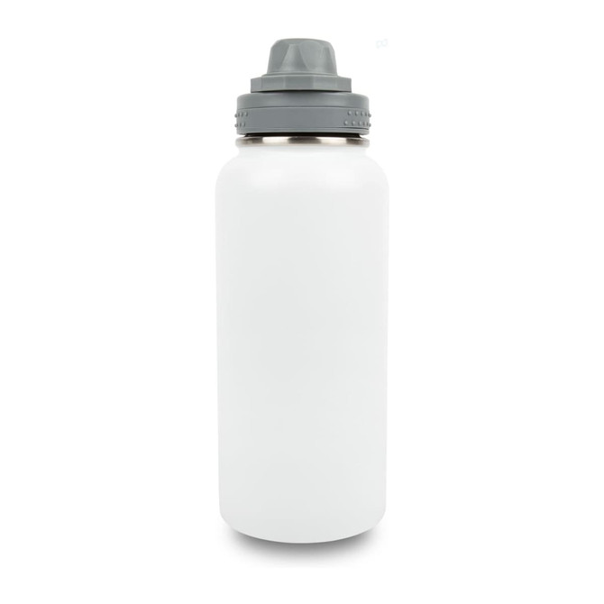 A drink bottle in white stainless steel with a grey lid, featuring a logo on the side.