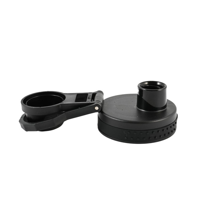 A drink bottle lid in black with a detachable clip. It features a wide opening for easy filling and pouring.