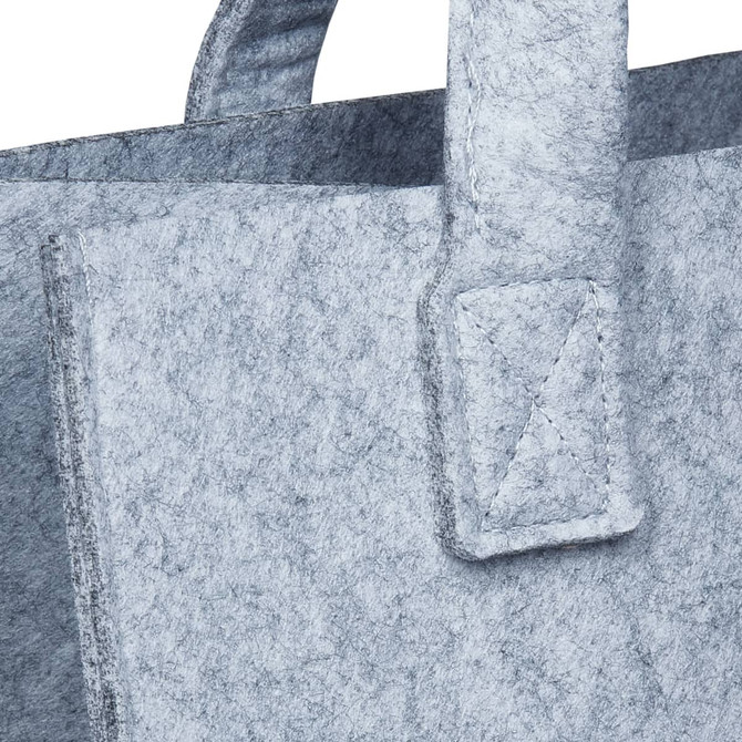A grey felt tote bag featuring sturdy handles and a simple design. The bag has a textured finish and a logo.