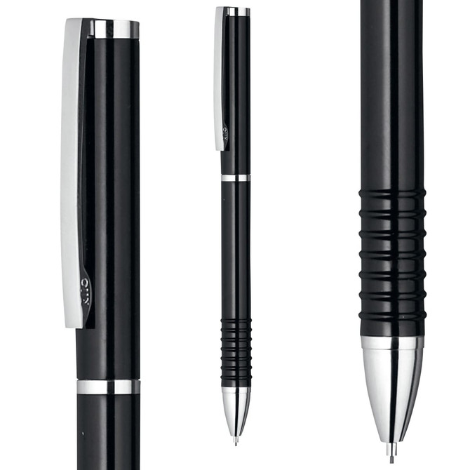 A black pen with a sleek design and silver accents, featuring a clip and ridged grip. It has a logo on its body.