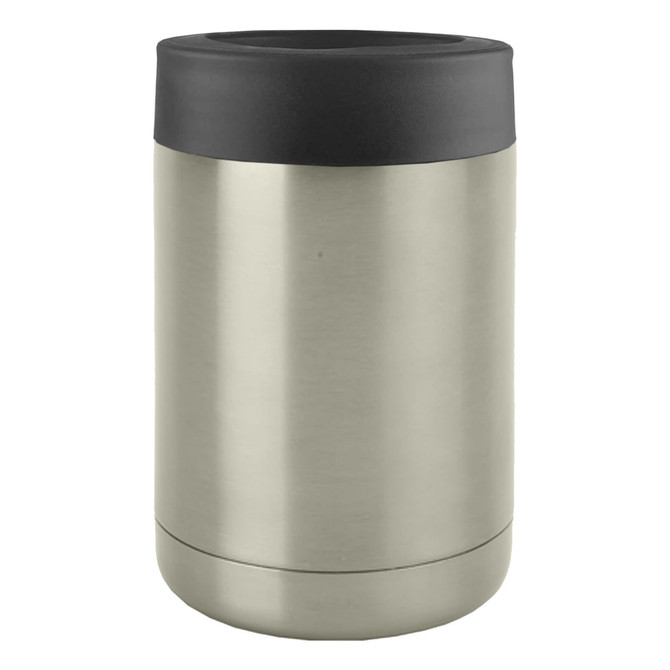 A stainless steel stubby holder in a sleek silver finish with a black top and a branding logo.