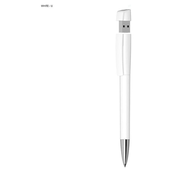 A white USB pen with a metal tip, featuring a USB connector and a sleek design.