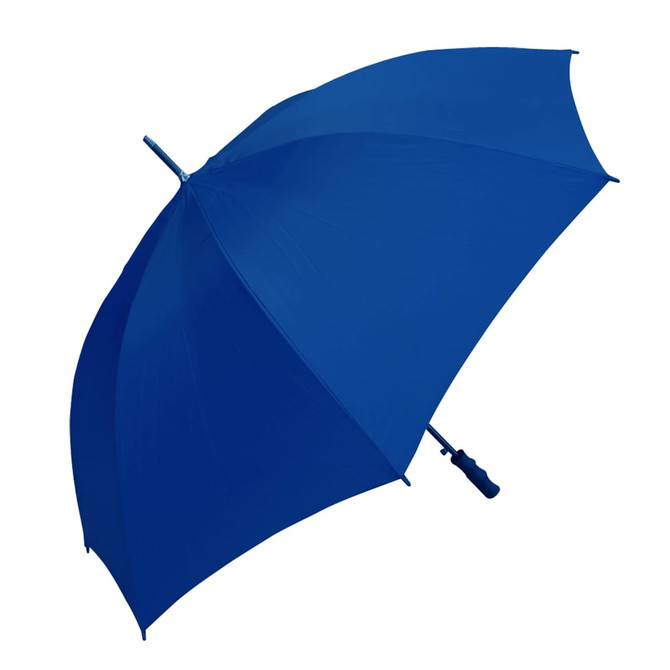 A blue golf umbrella featuring a sturdy design and a handle with a logo.