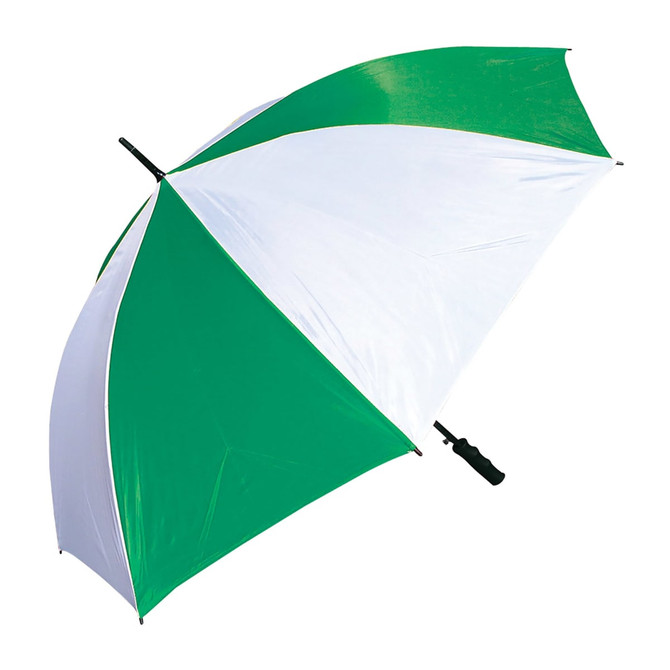 A green and white golf umbrella featuring a handle and a logo.