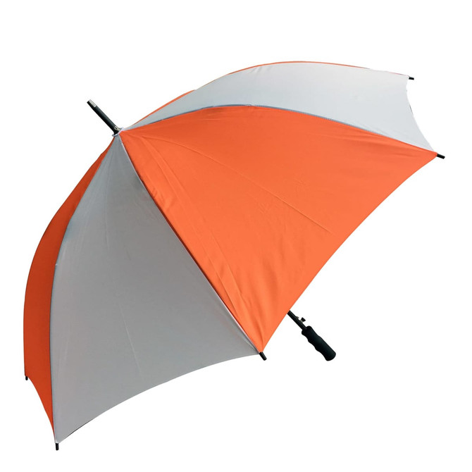 A golf umbrella with an orange and grey design, featuring a black handle and branding.