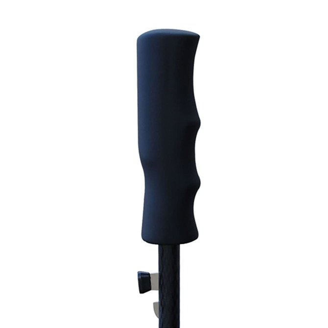 A black golf umbrella handle with a textured grip, featuring a sleek design and a metal attachment point.