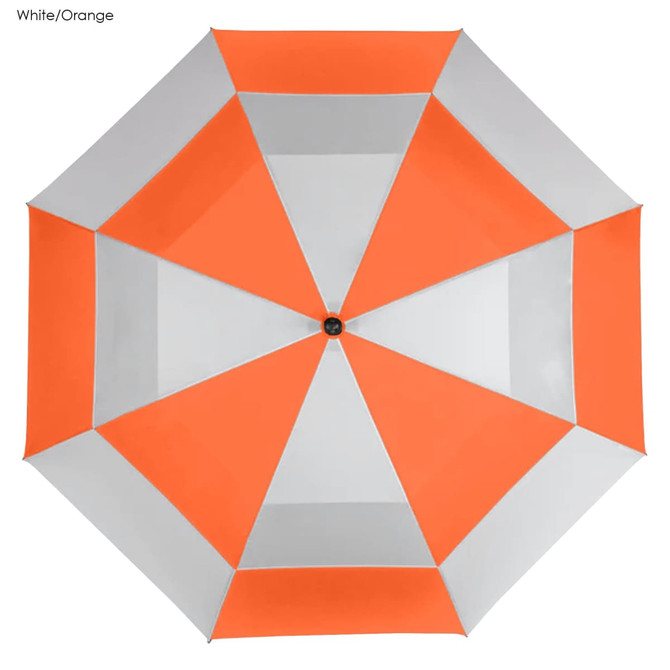 A golf umbrella in white and orange, featuring a geometric design and a central black button.