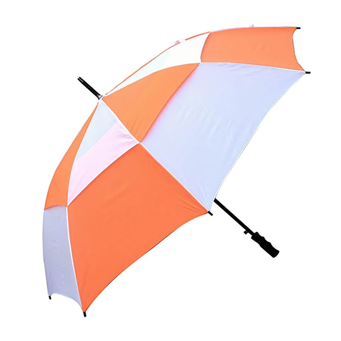 A multicoloured umbrella featuring orange and light purple segments, with a black handle and a logo.