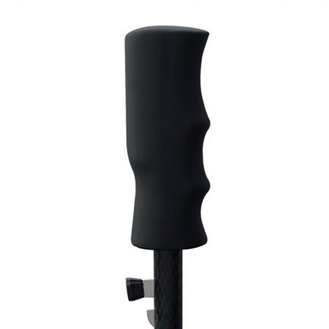 A black umbrella handle featuring a textured grip and a release mechanism. The umbrella has a sleek design.