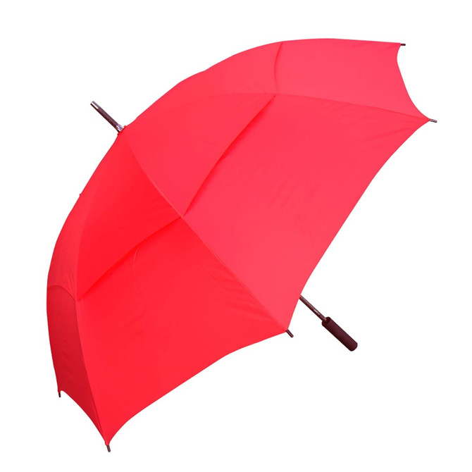 A bright red umbrella with a curved handle and a sturdy frame, featuring a simple design.