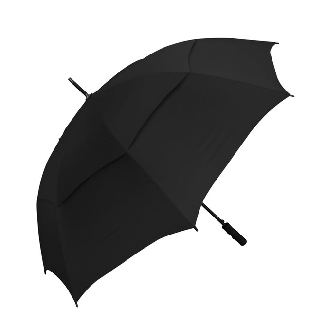 A black umbrella with a curved handle and a simple design, featuring a logo on the canopy.