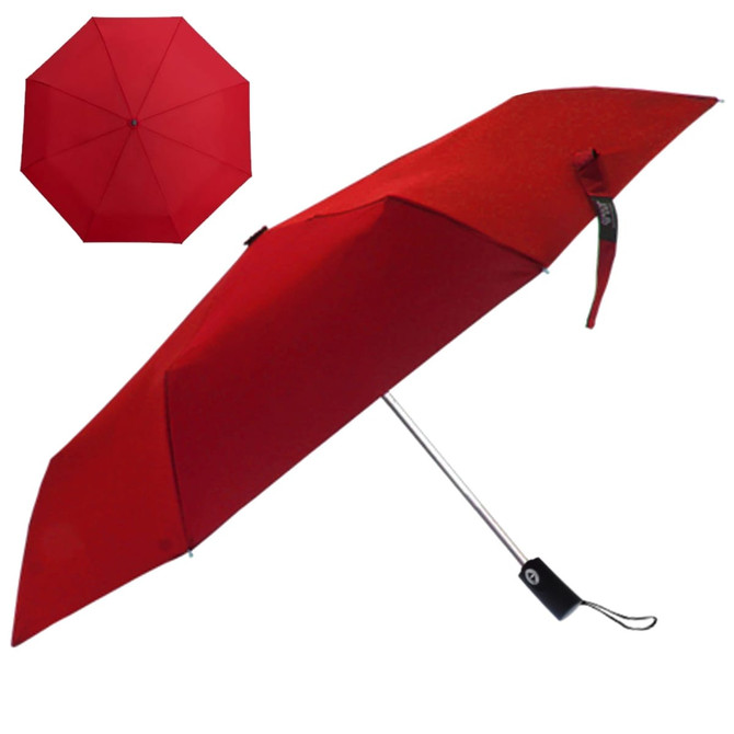 A red Kingston umbrella with a silver handle and a logo, displayed both open and closed.