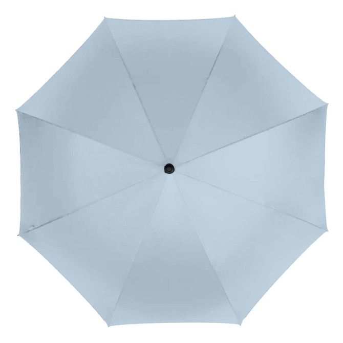 A silver umbrella with a geometric design, featuring a central button and a classic octagonal shape.