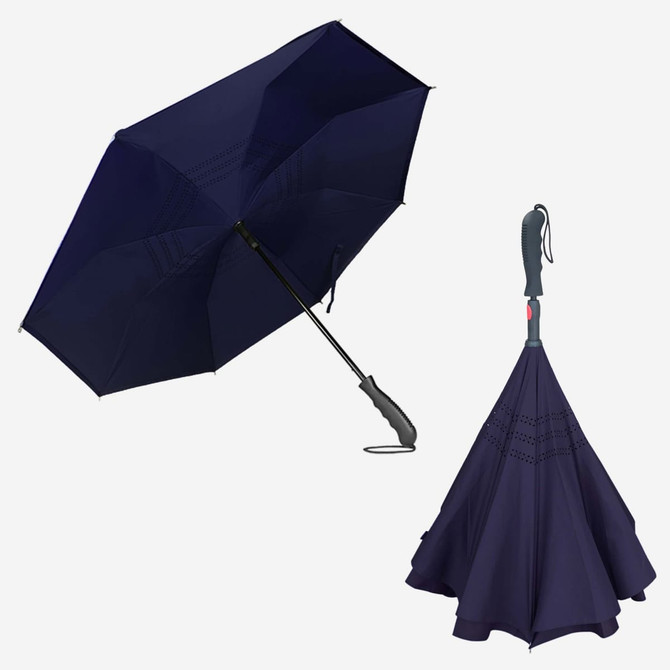 An inverted umbrella in navy blue, featuring a curved handle and a sleek design, stored in its closed position.