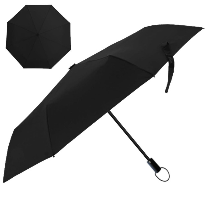 A black umbrella with a sleek design and a handle featuring a small loop for easy carrying.