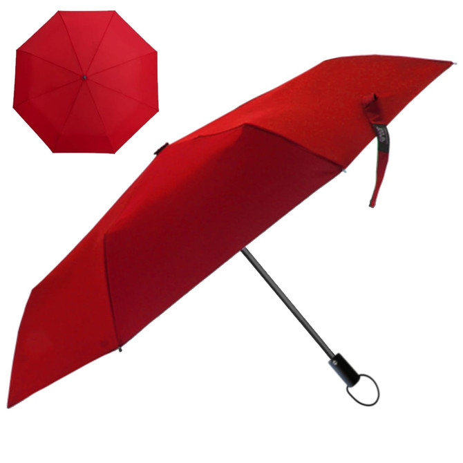 A red Windsor umbrella with a black handle and a logo, displayed in an overhead view.