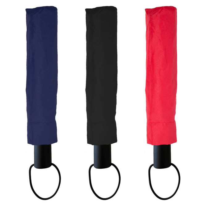 A set of three Windsor Umbrellas in navy, black, and red, each with a black handle and loop for easy carrying.