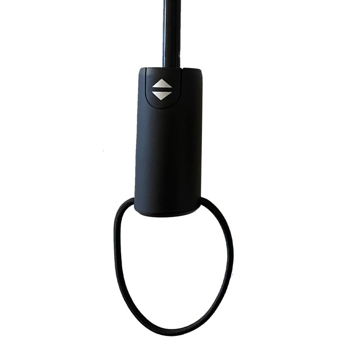 A black umbrella handle featuring a button and a loop for grip. It has a logo on the front.