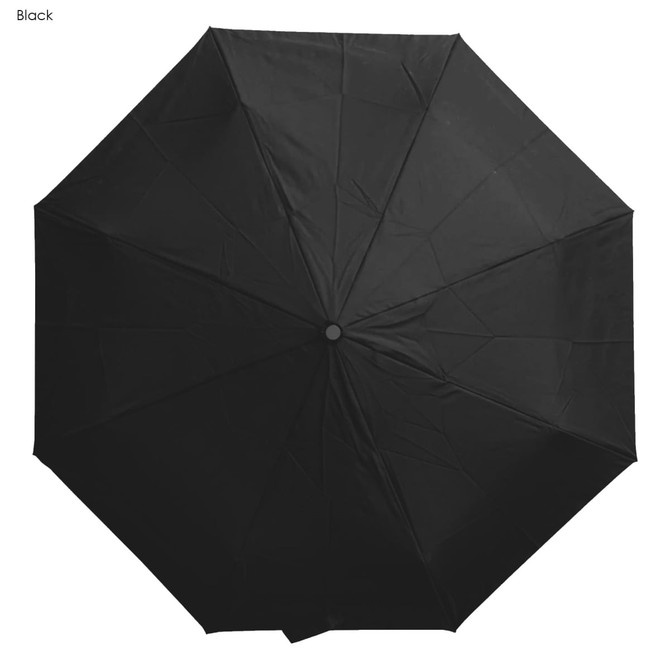 A black umbrella with an octagonal canopy, featuring a central button and a simple design.