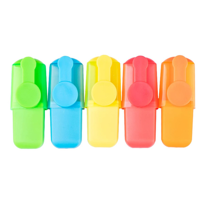A collection of five highlighters in green, blue, yellow, orange, and pink, each with a rounded cap and logo.