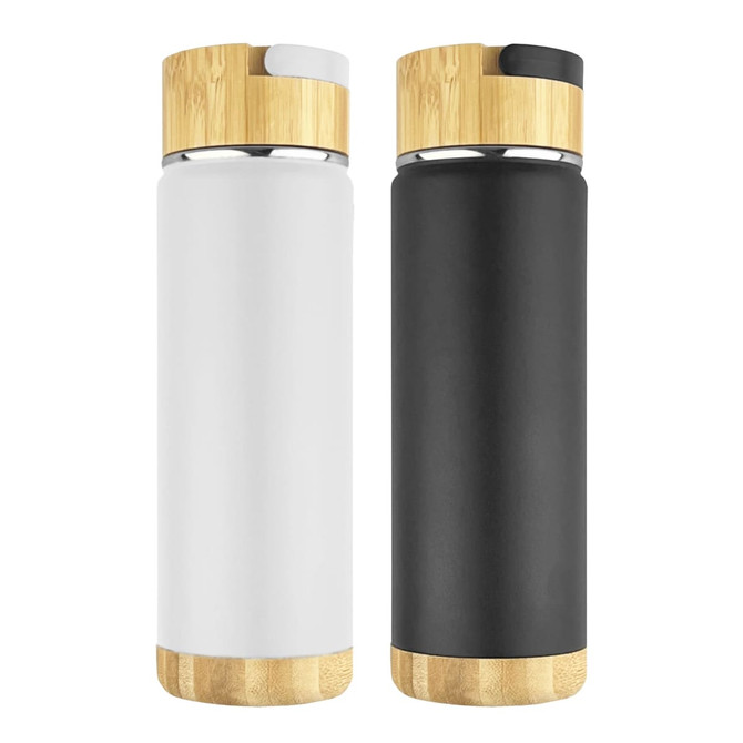 A drink bottle set featuring white and black stainless steel designs with bamboo lids and bases. Each has a branding logo.