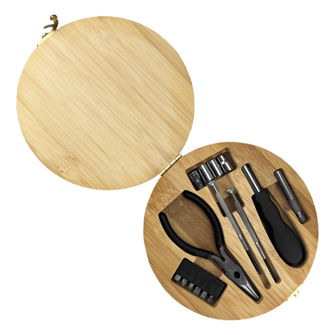 A bamboo toolkit featuring various tools, including pliers, screwdrivers, and a set of bits, in a circular case.
