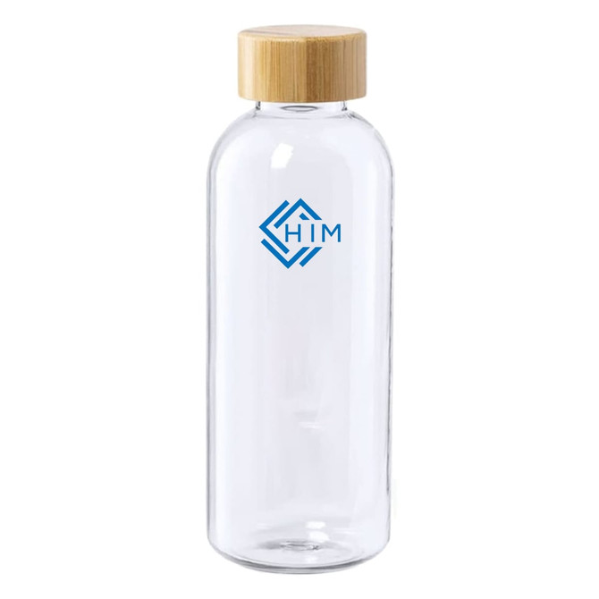 A clear glass drink bottle with a bamboo lid and a logo printed on the front.
