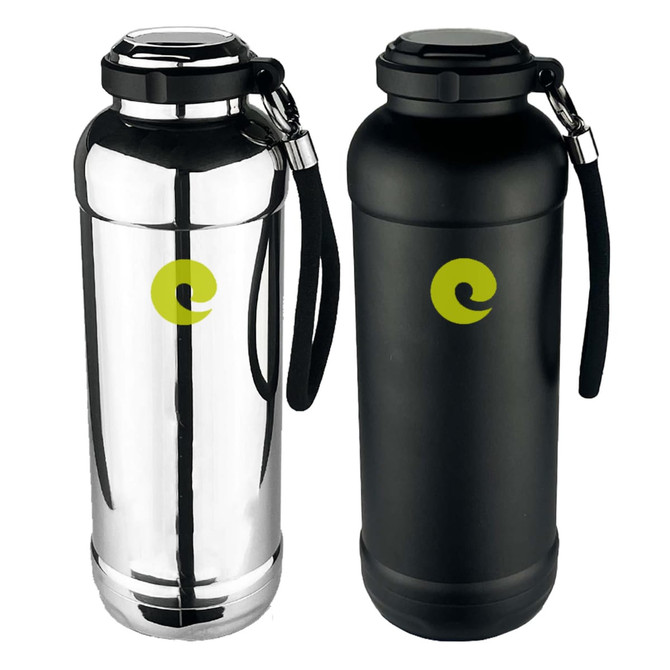 A drink bottle in silver and black, featuring a carrying strap and a logo. Suitable for adventure or travel.