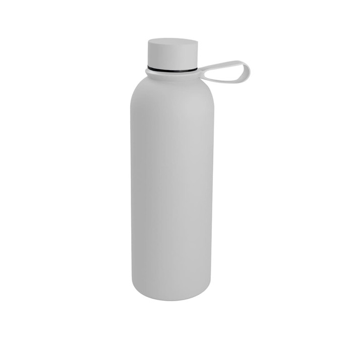 A drink bottle in white, featuring a screw-top lid and a carry loop, with a logo on the side.