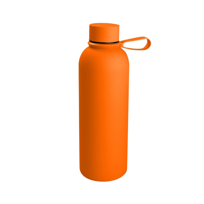 An orange drink bottle with a screw-top lid and a carry strap, featuring a logo.