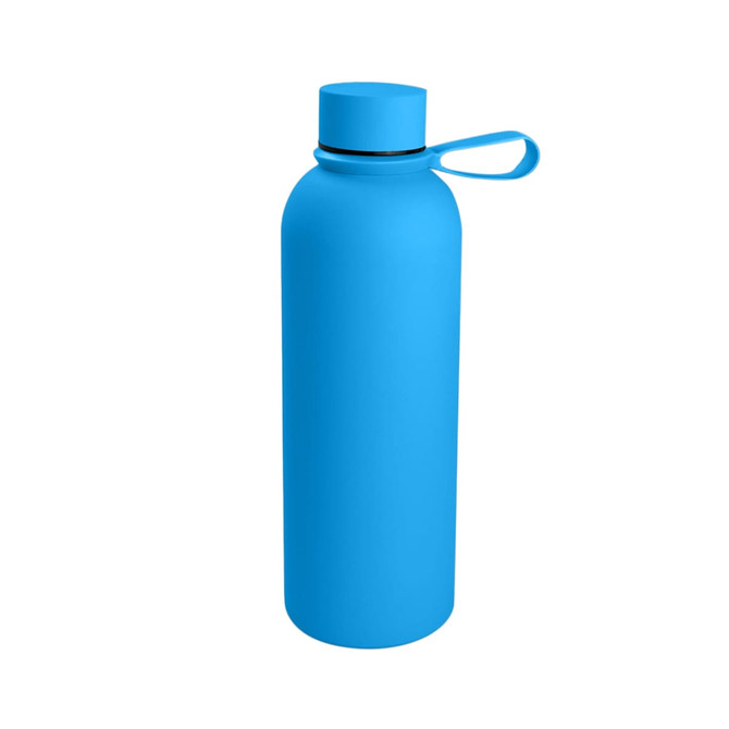 A drink bottle in vibrant blue with a flip-top lid and a carrying strap, featuring a logo.
