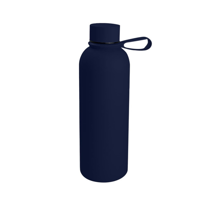 A drink bottle in navy blue with a lid and a carrying loop, featuring a logo. Suitable for beverages.