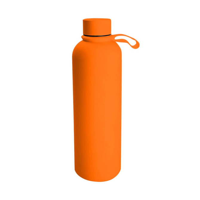 A drink bottle in bright orange, featuring a secure lid and a handle for easy carrying. It has a logo on the side.