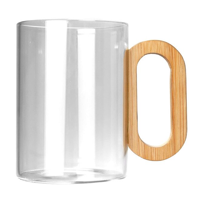 A glass coffee cup with a clear body and a bamboo handle, showcasing a modern design.