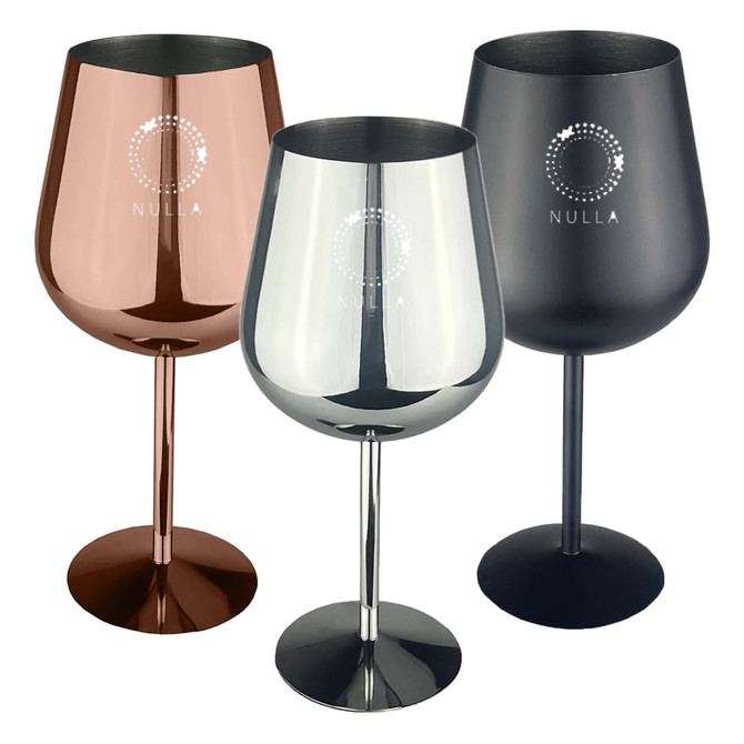 Three stainless steel wine glasses in rose gold, silver, and black, featuring a logo on the front.