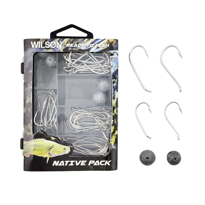 A fishing tackle kit with silver hooks and grey sinkers in a display box, featuring branding on the packaging.