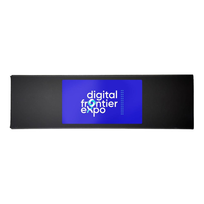 A rectangular black display screen featuring a blue background with white text, including "digital frontier expo."