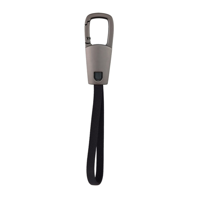 A grey carabiner with a black strap, featuring a logo on the body, designed for attaching items.