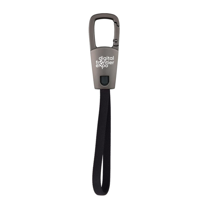A grey ClipIt Carabiner Cable with a black strap, featuring a logo on the handle.
