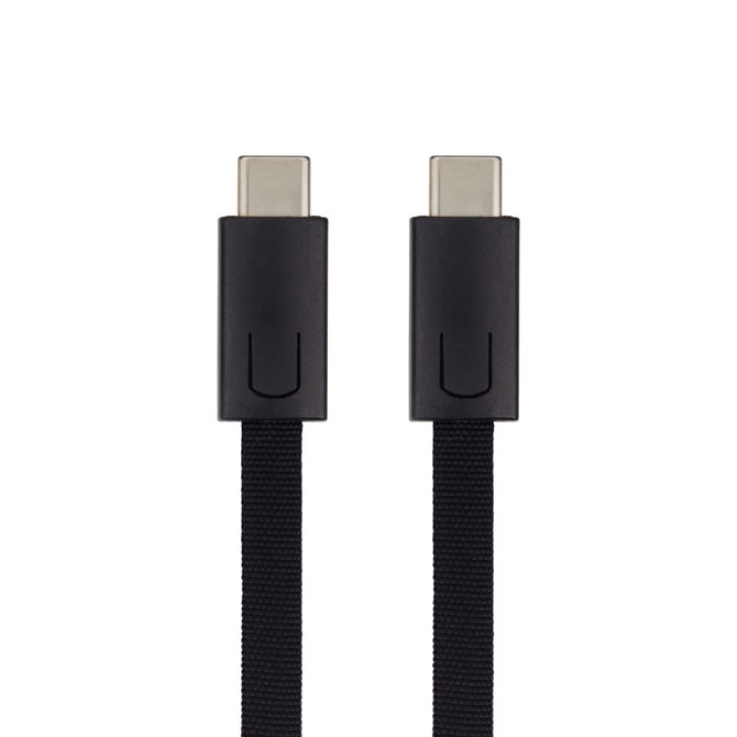 A black charging cable with two USB-C connectors, featuring a woven texture and a logo on one end.