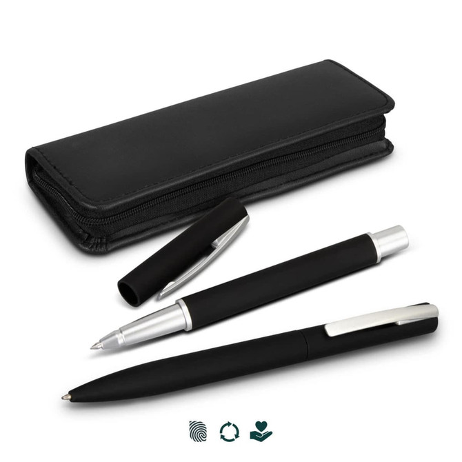 A black promotional pen set featuring a sleek case and two pens, one with a silver finish and one with a black finish.