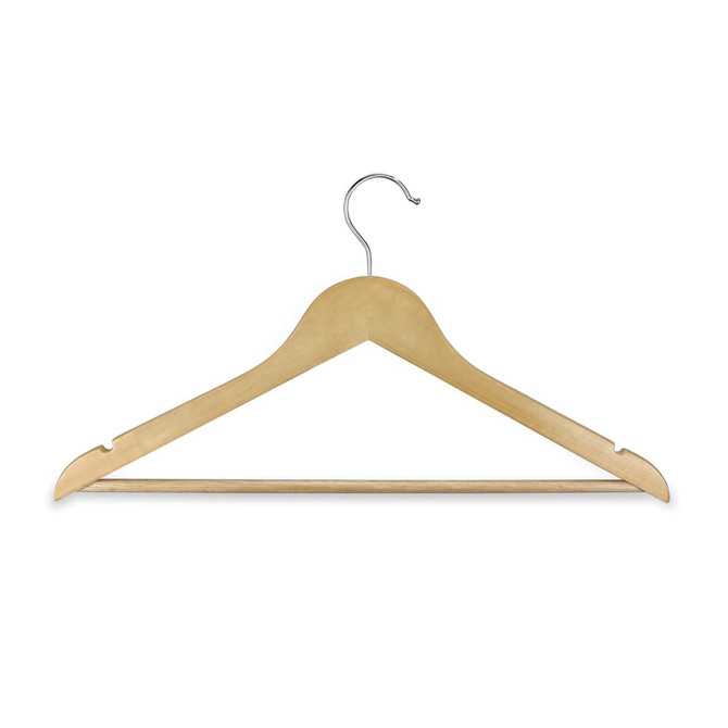 A wooden hanger in a light wood finish with a metallic hook, featuring a smooth design and a sturdy frame.