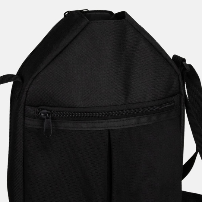 A black bag featuring a zippered compartment and a shoulder strap. The bag has a sleek, structured design.