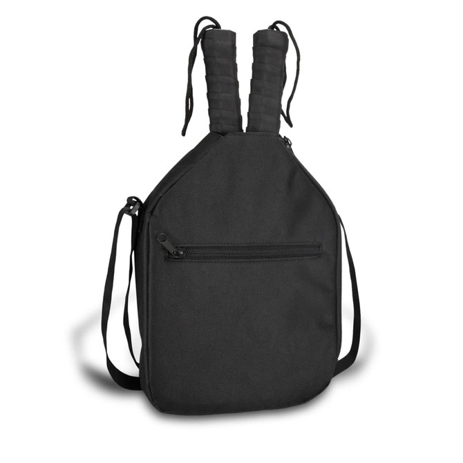 A black pickleball set bag with dual handles and a shoulder strap, featuring a zippered pocket on the exterior.