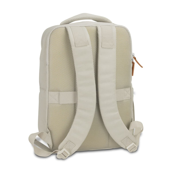 A light beige daily backpack with padded straps and mesh detailing, featuring a zippered closure and a brand logo.